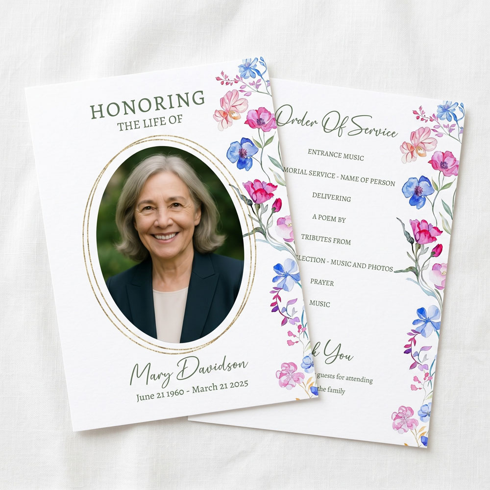 a pretty sweet pea design order of service 2 page shown on a white background