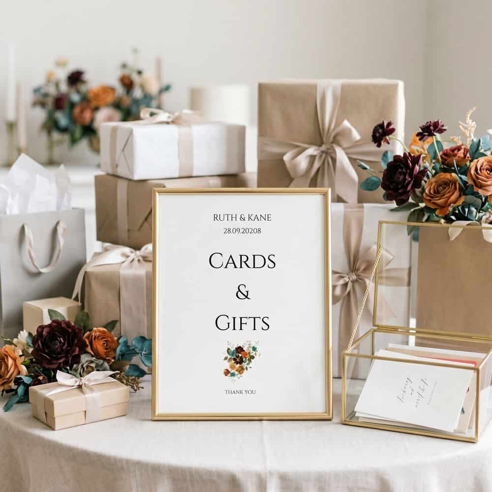 teal and terracotta wedding cards and gifts sign
