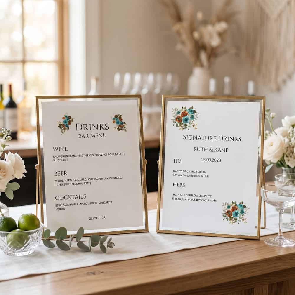 teal and terracotta wedding drinks signs
