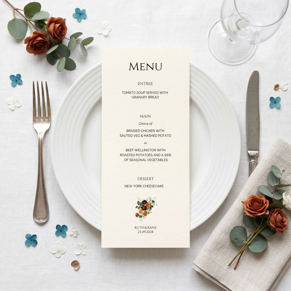 teal and terracotta wedding menu