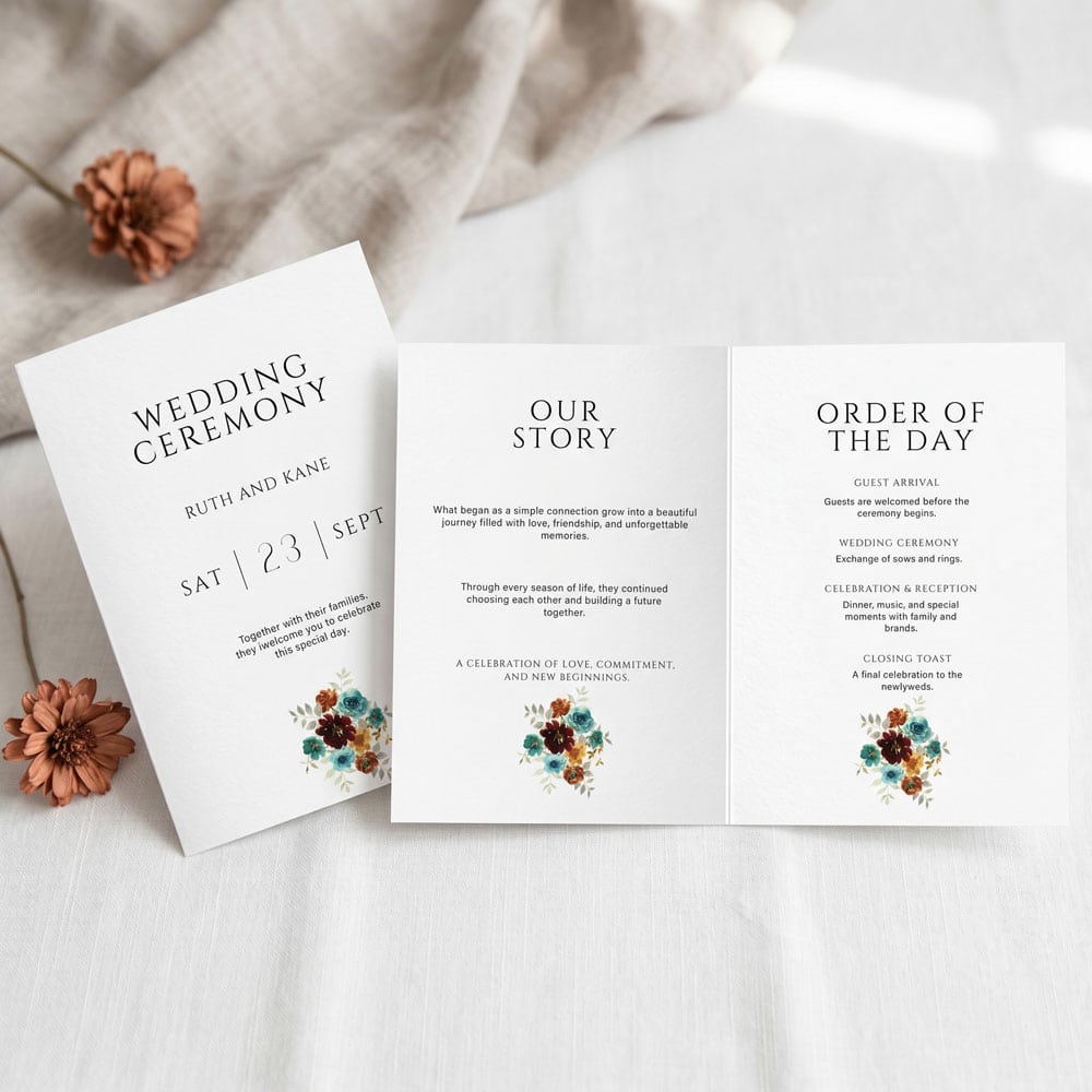 teal and terracotta wedding order of service