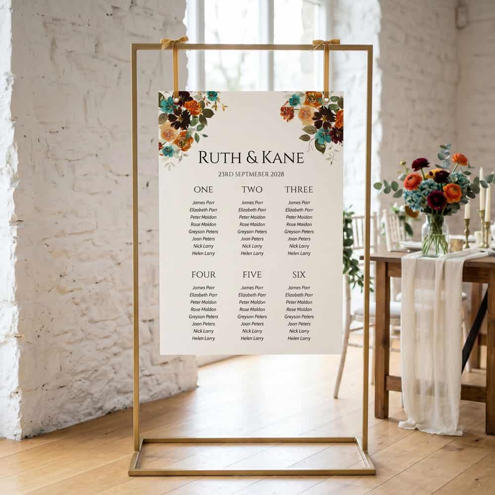 teal and terracotta wedding seating chart sign