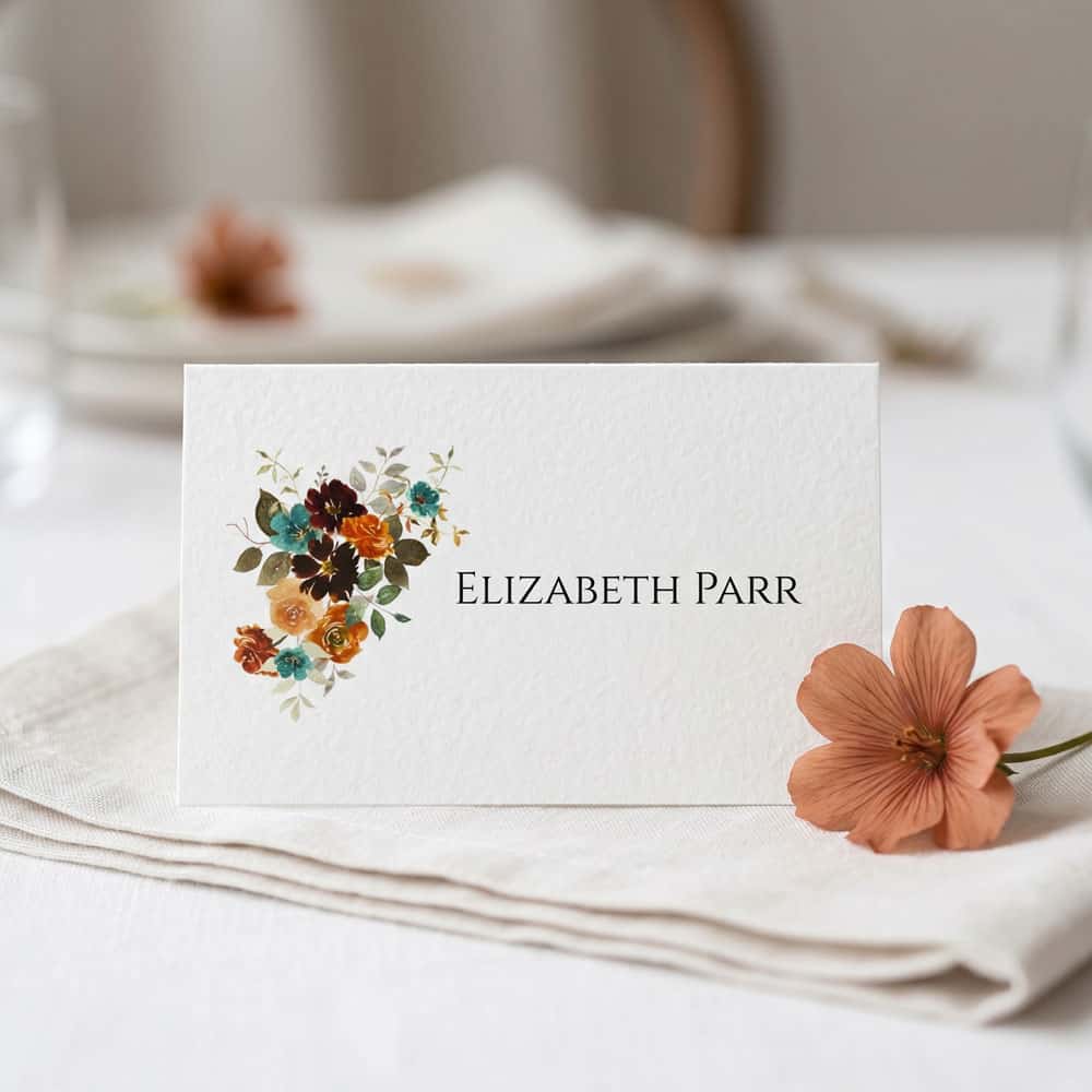teal and terracotta wedding place card