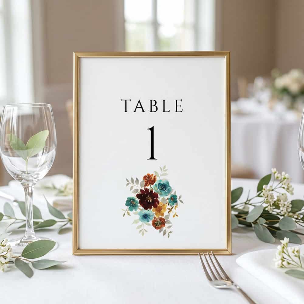 teal and terracotta wedding table number sign
