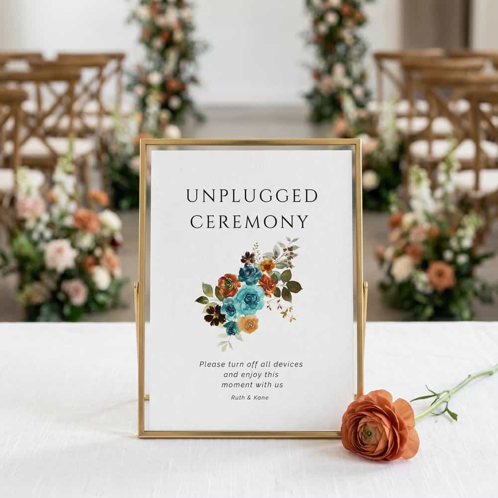 teal and terracotta wedding unplugged ceremony sign