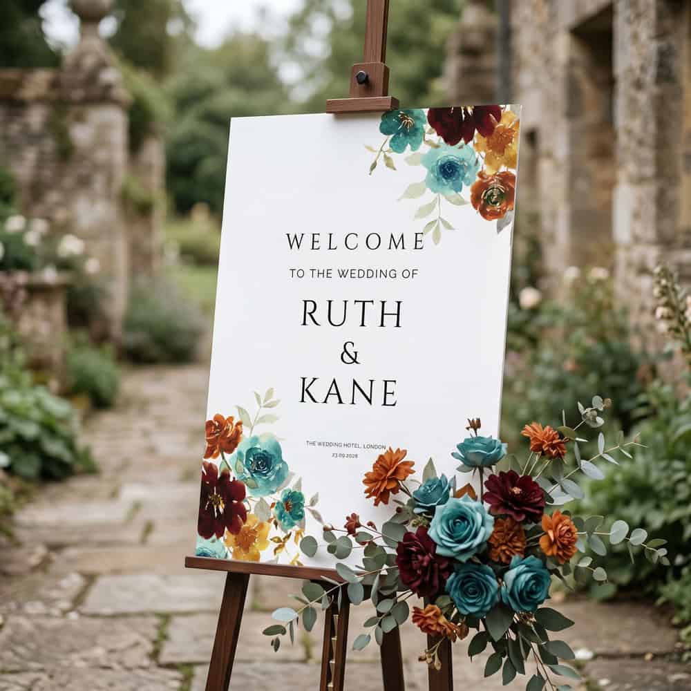 teal and terracotta wedding welcome sign