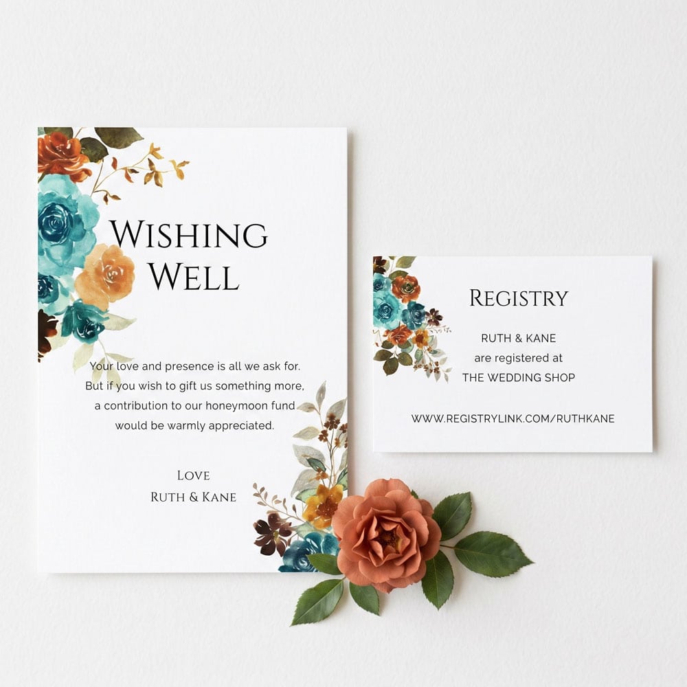 a teal and terracotta themed registry card and wishing well card