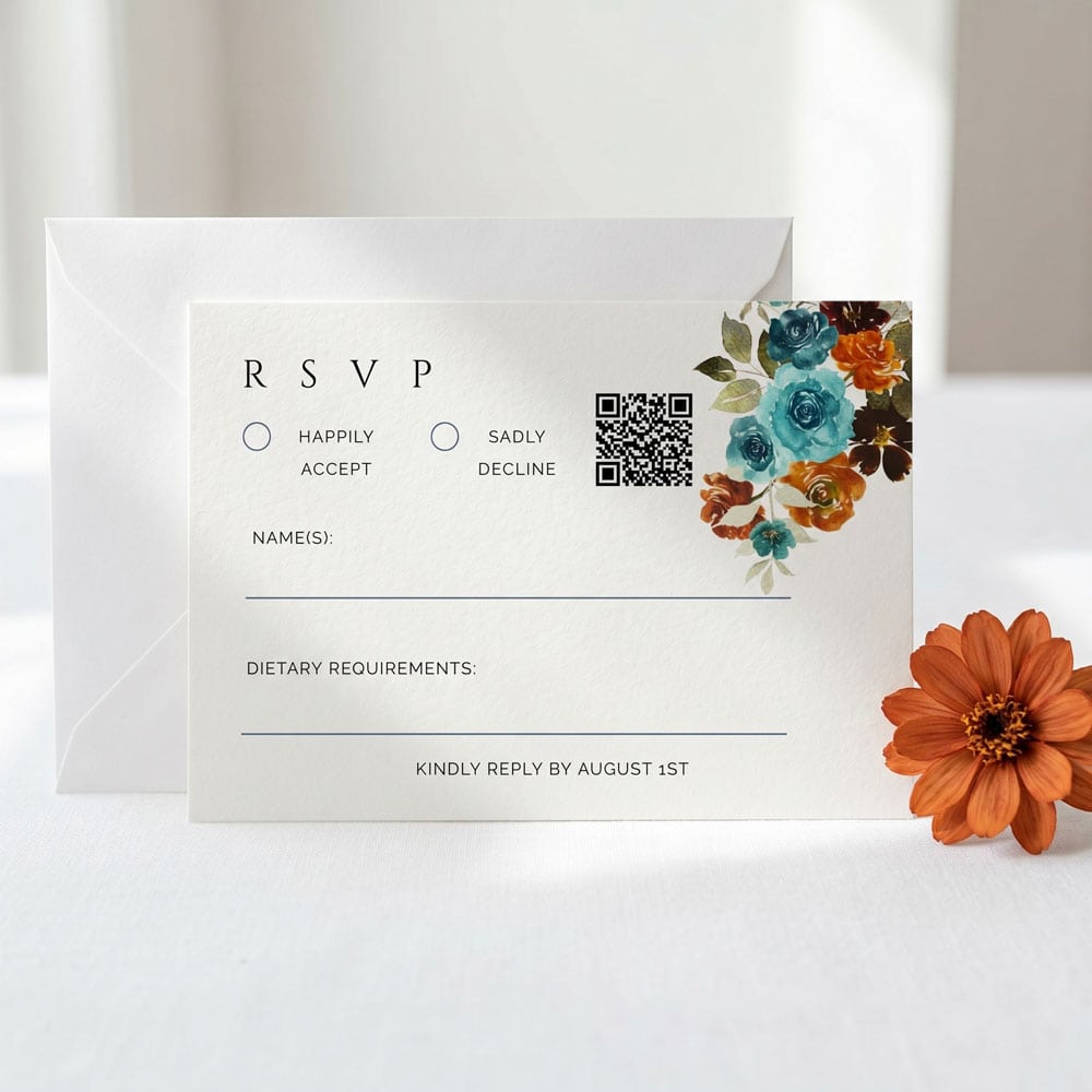 a teal and terracotta themed wedding RSVP card