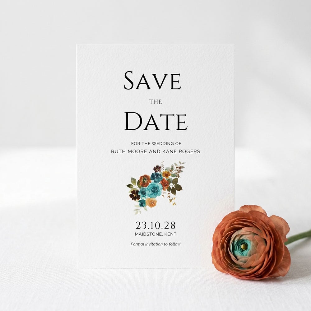 a teal and terracotta themed wedding save the date card