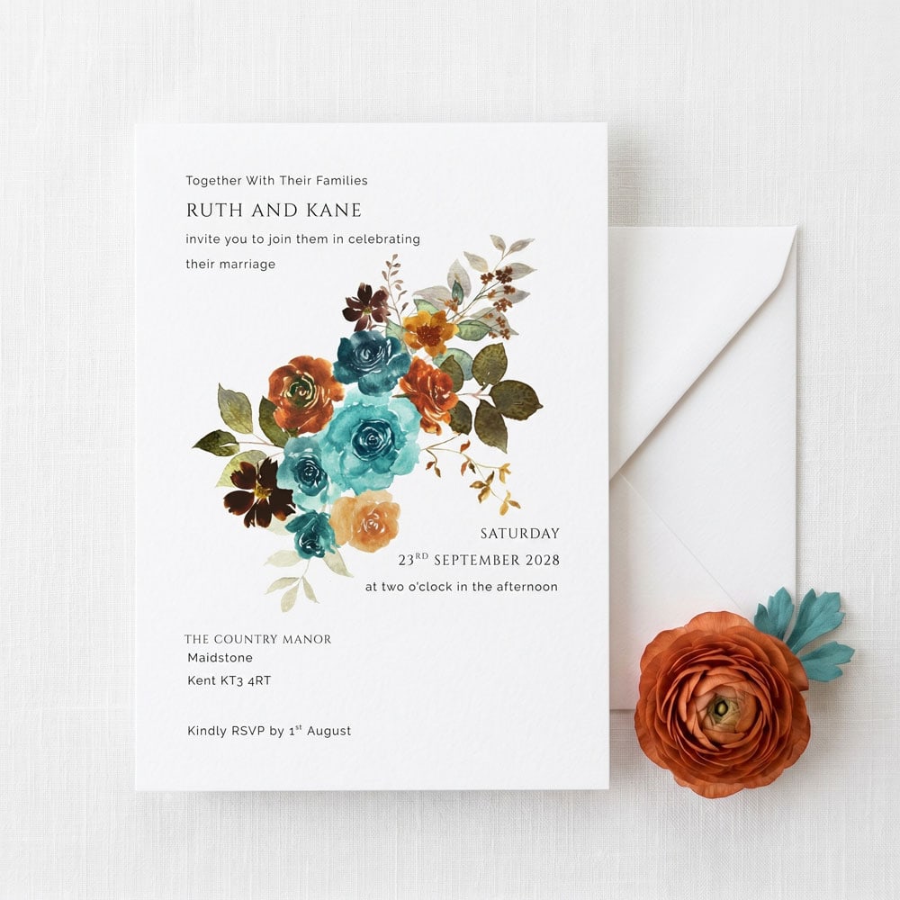 a teal and terracotta themed wedding invitation