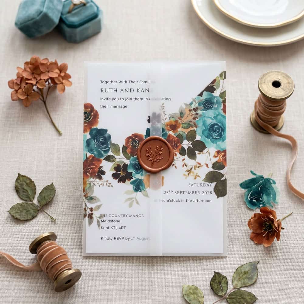 A teal and terracotta themed wedding velum wrap