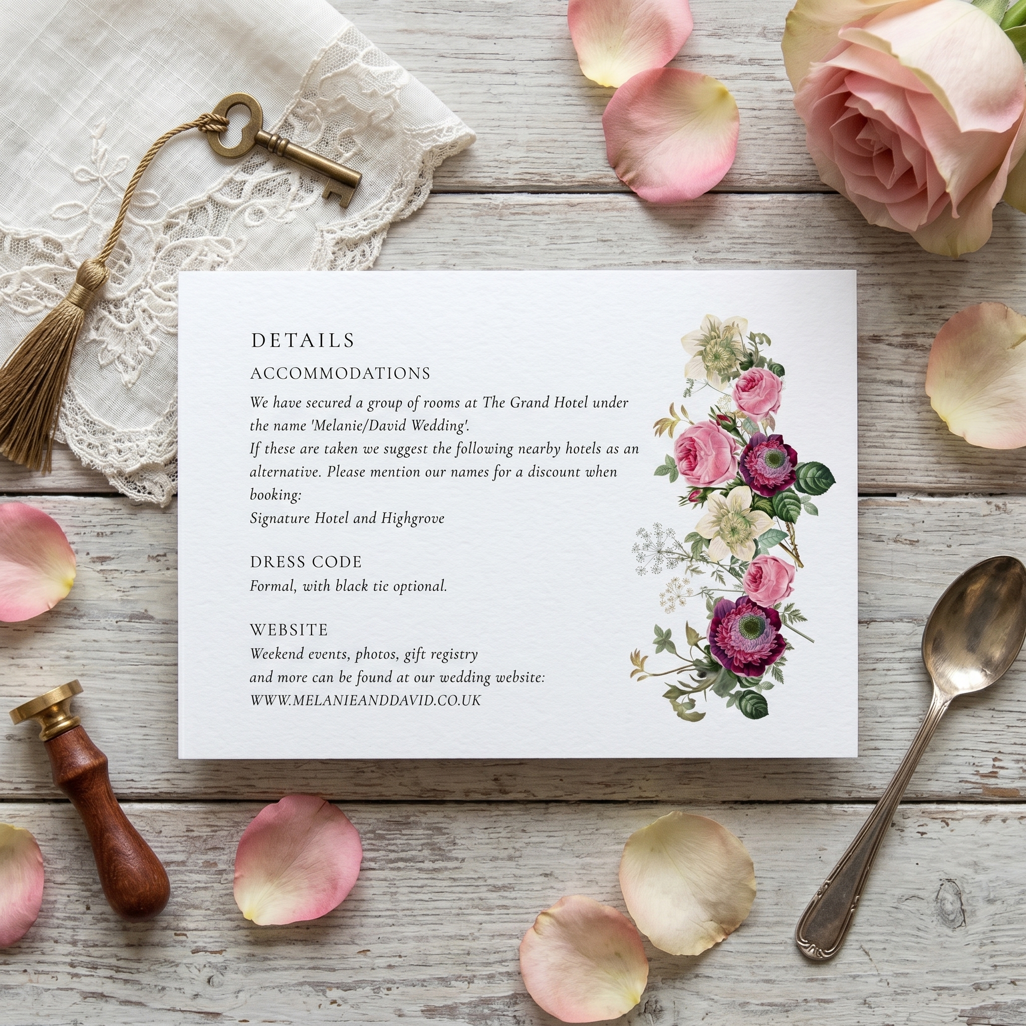 a vintage style wedding details card in burgundy and pink roses