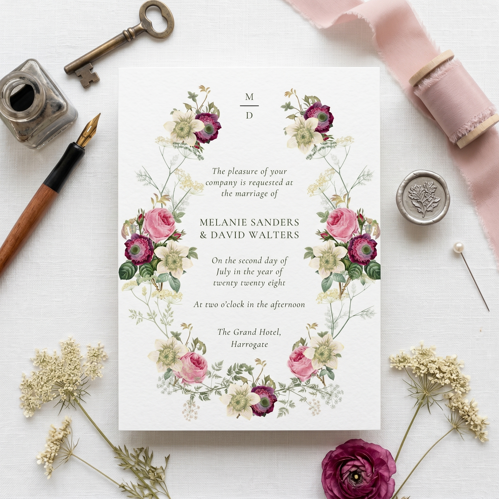 a vintage style wedding invitation in shades of burgundy and pink rose