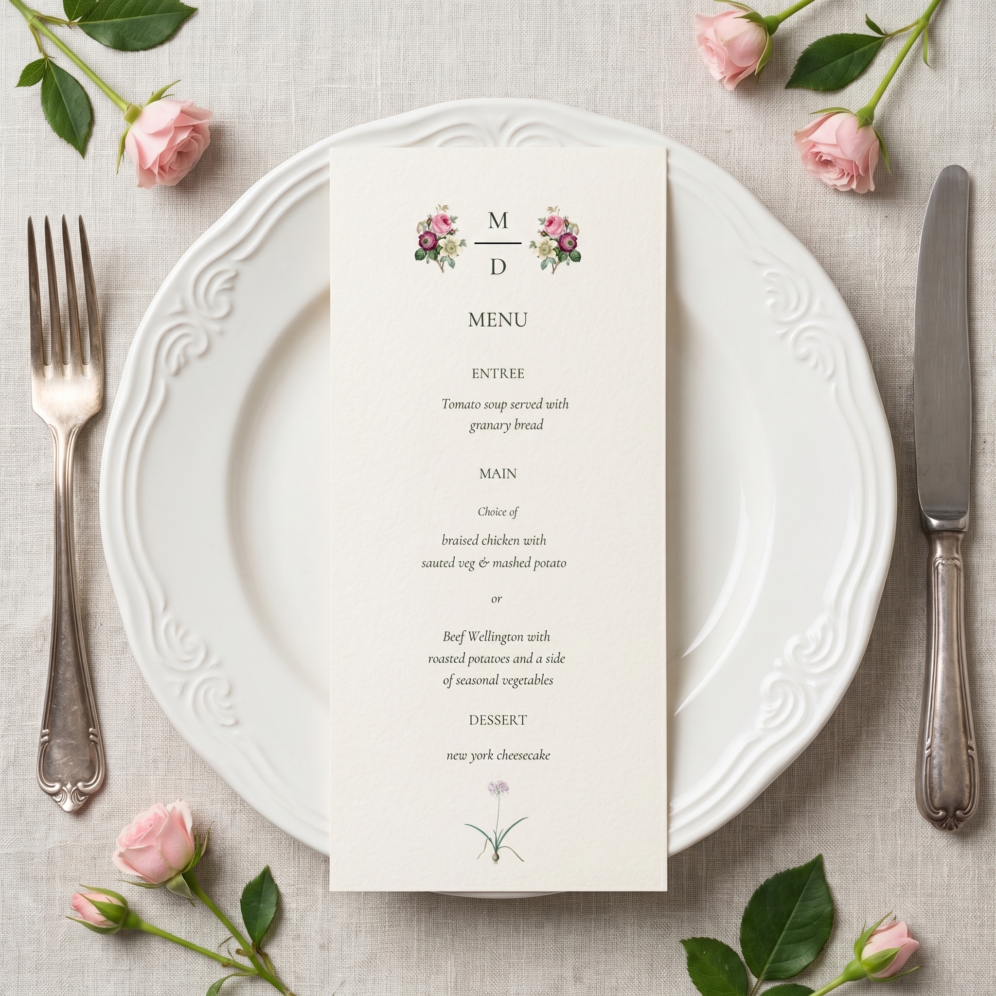 a wedding menu in a romantic vintage style