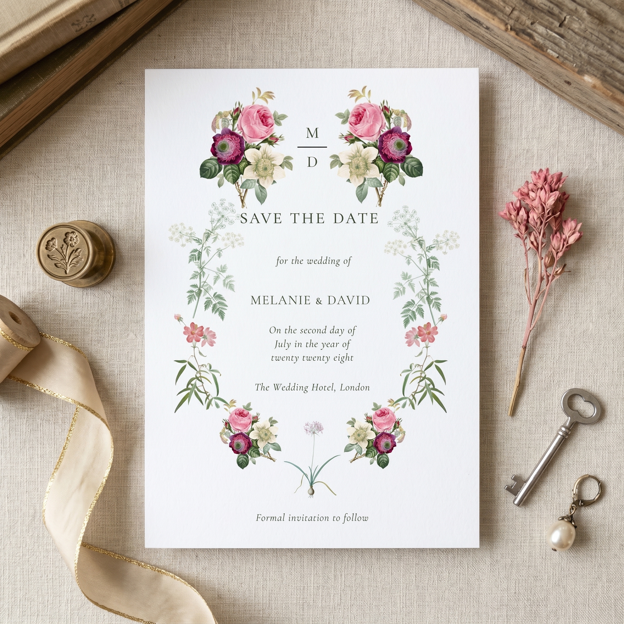a save the date card with a beautiful vintage floral design laying on a table with roses and ribbon