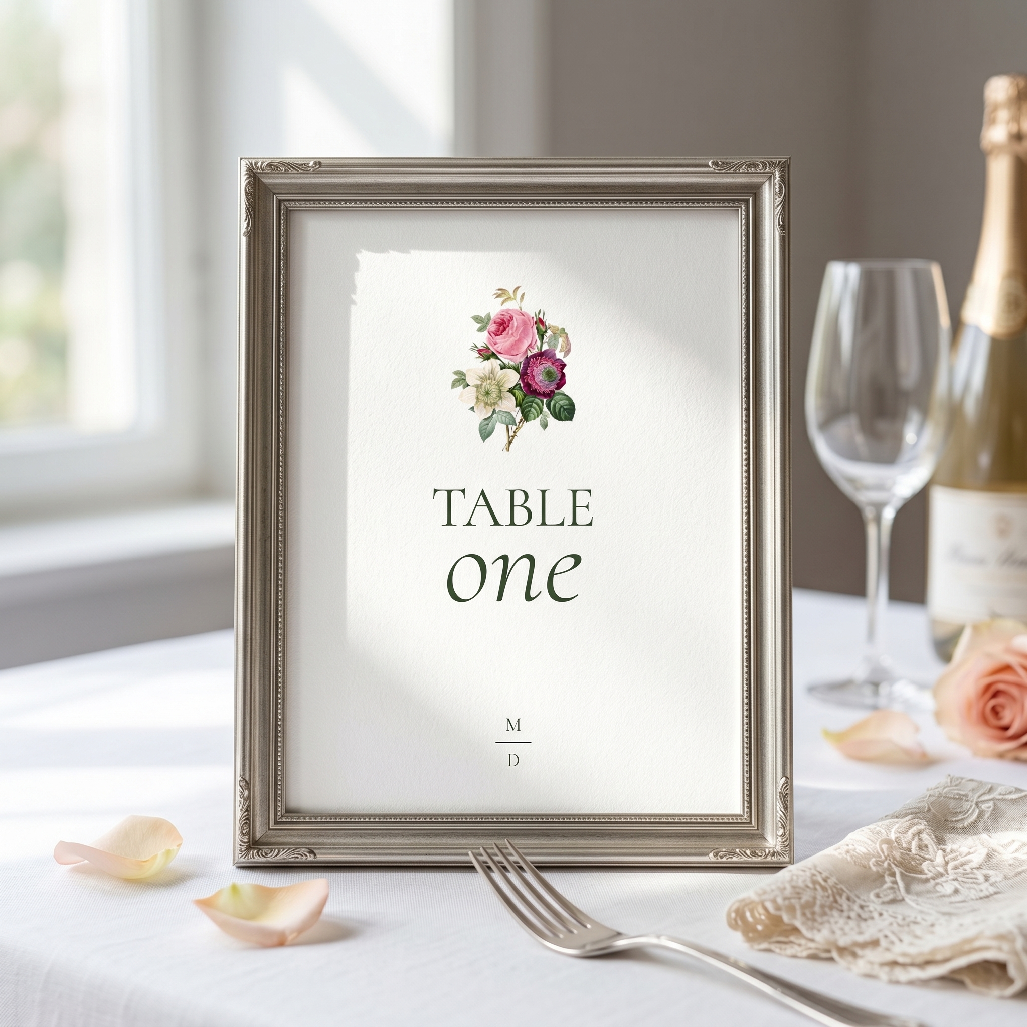 a table number sign in a silver frame
