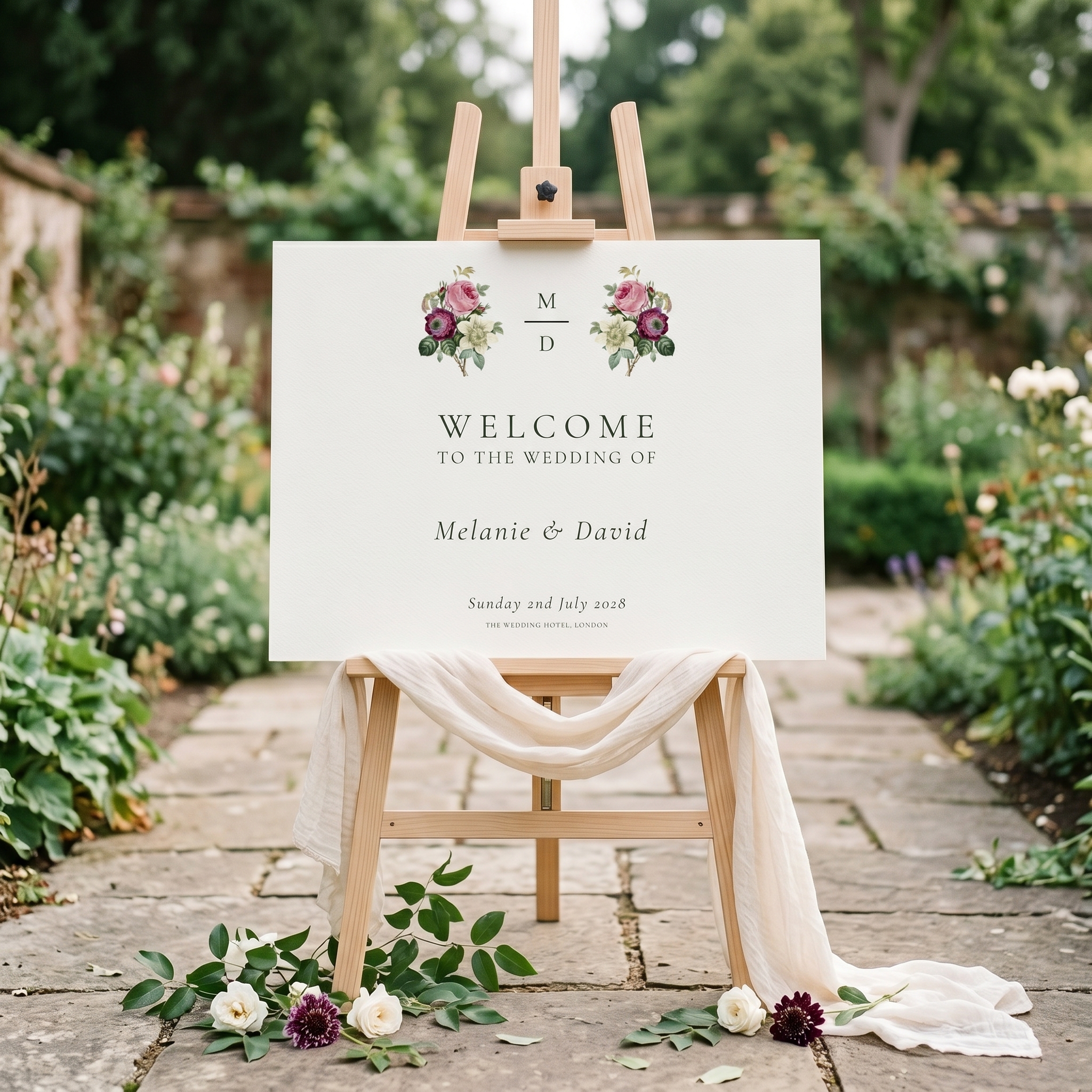 a horizontal welcome sign on a wooden easel. Featuring the monogram of the bride and groom and vintage roses