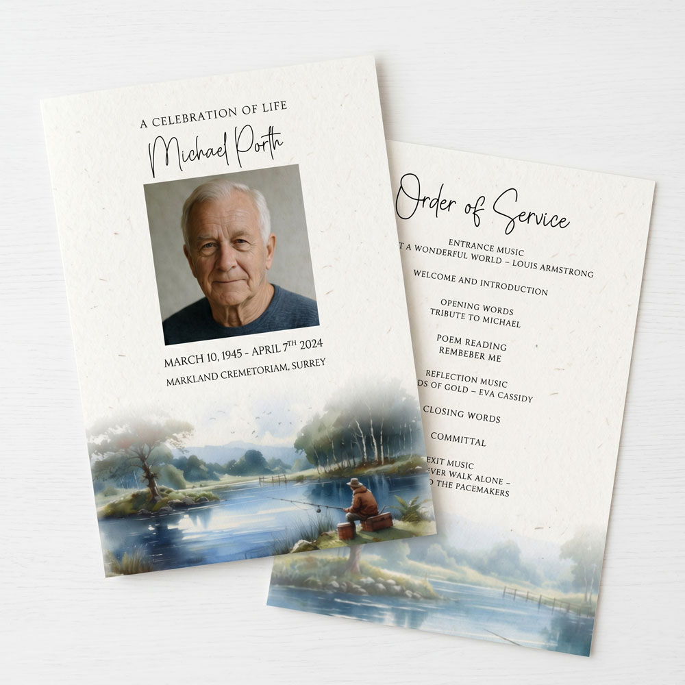 a serene fishing lake order of service for a keen fisherman. 2 page flat design