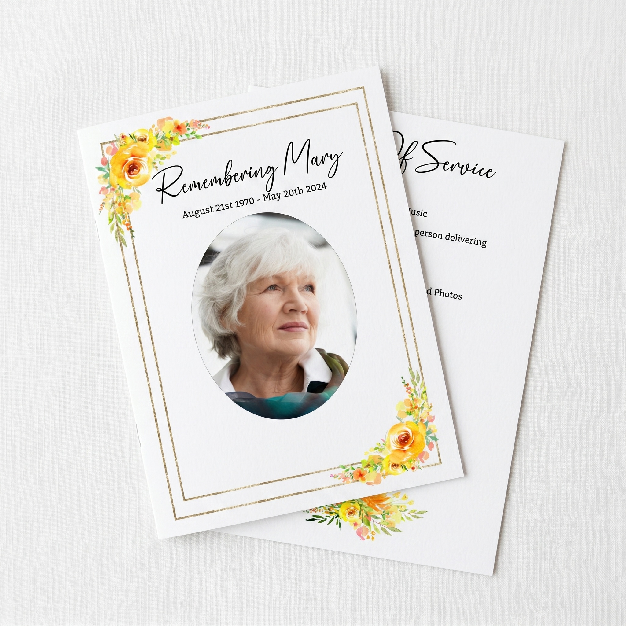 yellow roses watercolour design order of service in a 2 page format